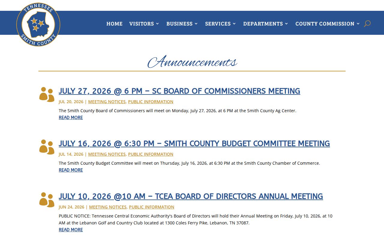 Smith County dated announcements page, distinct from a current active warrant list