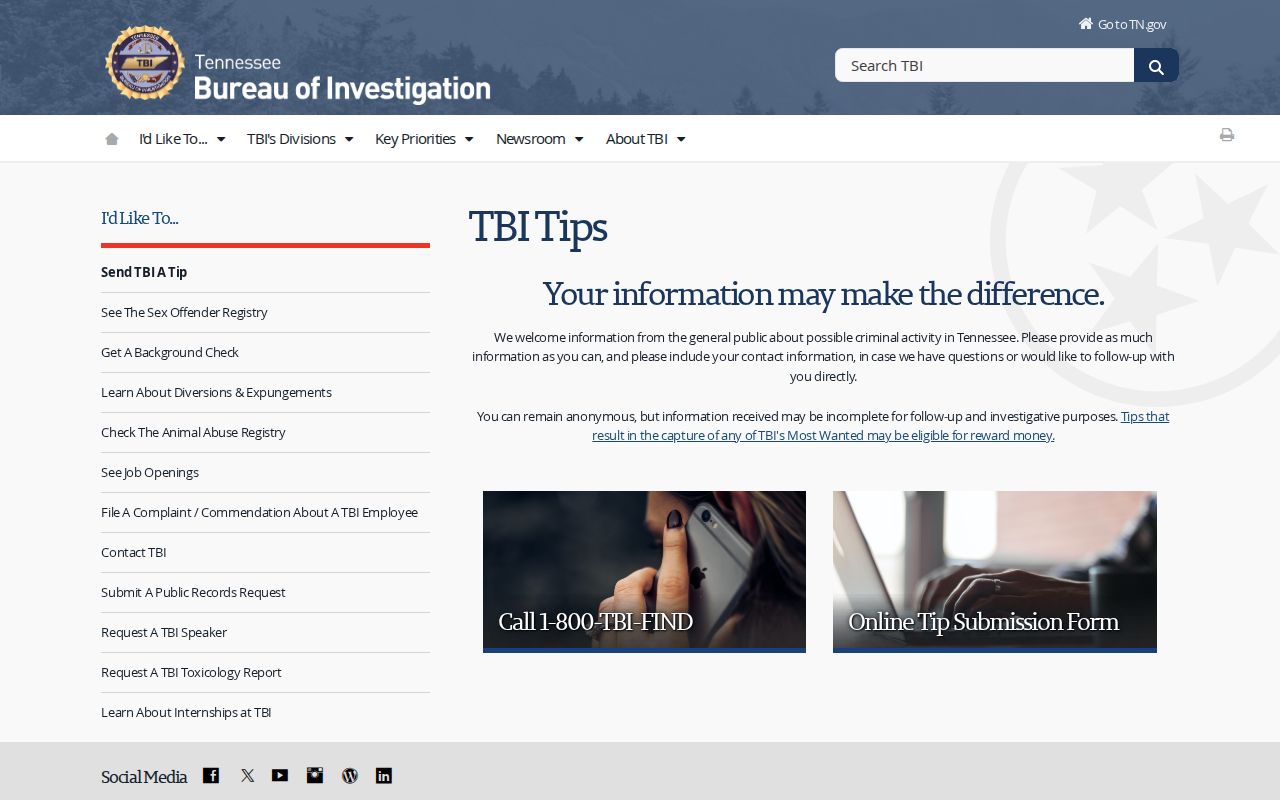 Smith County most wanted reference, TBI tip reporting instructions